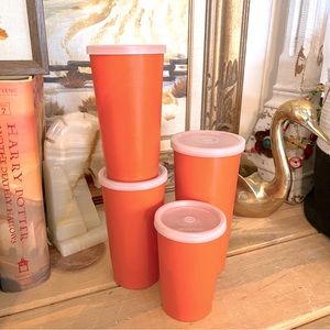 Vintage Tupperware 70’s Orange Stackable Tumbler Cups With Clear Lids X4
